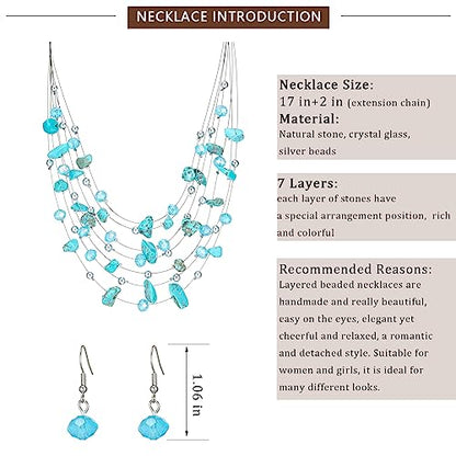 Multi-Layer Boho Shell Beaded Necklace for Women Colorful Crystal Strand with Silver Beads Statement Collars Necklace and Earrings Costumes Jewelry Sets for Women - color: 48-Turquoise
