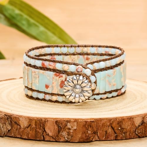YGLINE Boho Handmade Natural Stone Bead 3 Row Wide Wrap Wrist Statment Bracelet Jewelry Collection - color: new-Agalmatolite