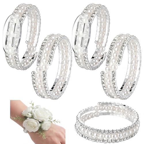 Hotop 4 Set Rhinestone Pearl Corsage Wrist Bracelet Bands Silver Bride Bracelet Adjustable Wrist Corsage DIY Wedding Wristband Accessory for Bridal Party Prom - color: Silver, style: Rhinestone Pearl