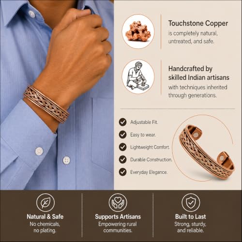 Touchstone Copper magnetic bracelet Tibetan style. Hand forged with solid and high gauge pure copper. Elegant braid pattern. - style: Braided 3