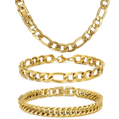 3PCS Figaro Necklace Bracelet Cuban Bracelet, Silver Gold Black Sturdy 316L Stainless Steel Cuban Link Figaro Chain for Men Jewelry Set with Gift Message Card 8mm, 7/8/9 Inches - color: Gold, size: Bracelet width:8 inches