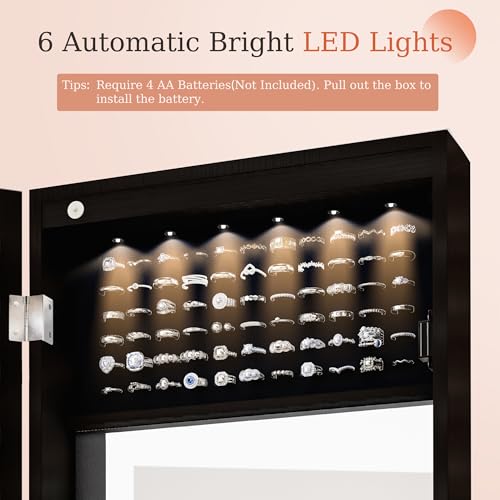 Unisakey Mirror Jewelry Cabinet,Lockable Wall or Door Mounted Jewelry Armoire Organizer With Built-up Mirror,LED Lights, Drawers,Cosmetic Trays,Shelves, 14.4"x3.15"x 43.1"（Black） | Door or Wall Mount Flexible,Drawers Cosmetic Trays Shelves Inside,Built-in
