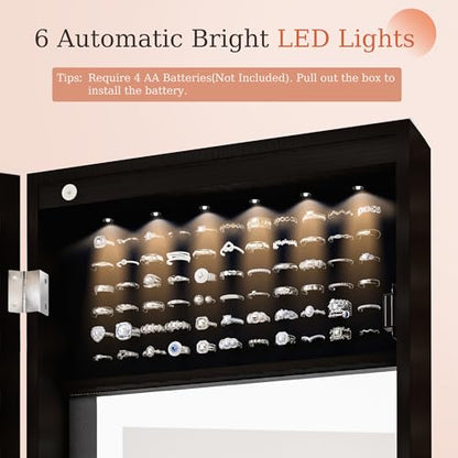 Unisakey Mirror Jewelry Cabinet,Lockable Wall or Door Mounted Jewelry Armoire Organizer With Built-up Mirror,LED Lights, Drawers,Cosmetic Trays,Shelves, 14.4"x3.15"x 43.1"（Black） | Door or Wall Mount Flexible,Drawers Cosmetic Trays Shelves Inside,Built-in
