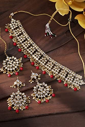 Aheli Elegant Indian Faux Kundan Studded Choker Necklace with Maang Tikka Set Ethnic Wedding Wear Bharatanatyam jewellery set Gift for Women - color: Red