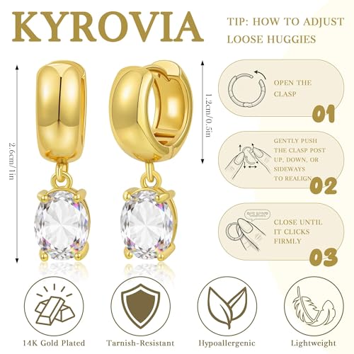 Chunky Gold Huggie Cz Dangle Earrings for Women | Hoop Huggies Dangly, Cubic Zirconia Drop Earring, Diamond Crystal Charm, Statement Dangling Earrings, Jewelry Gifts - color: Gold-Oval