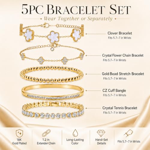 18K Gold Plated Clover Bracelet Set for Women - Four Leaf Lucky Clover Stackable Bracelets, Adjustable Beaded Chain Jewelry, Trendy Birthday Gift for Her