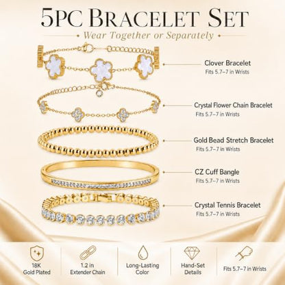 18K Gold Plated Clover Bracelet Set for Women - Four Leaf Lucky Clover Stackable Bracelets, Adjustable Beaded Chain Jewelry, Trendy Birthday Gift for Her