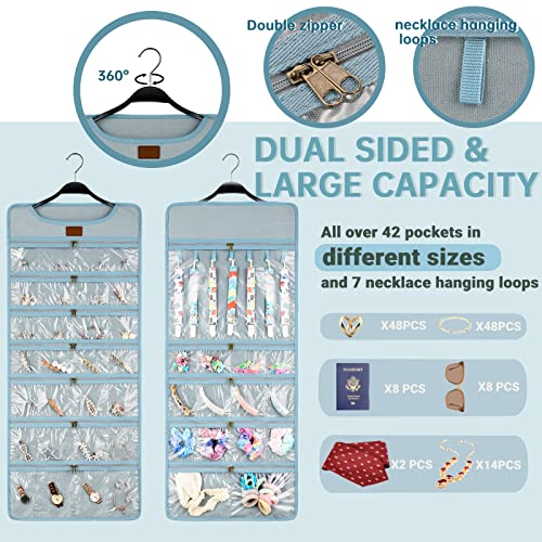 SMRITI Hanging Jewelry Organizer with Dual Zippered Pockets Canvas Double Sided Rotating Hanger Necklace Hanging Wall Organizer Earring Dustproof Holder Wall Mount Accessories Display Bag(Light Blue) - color: Blue