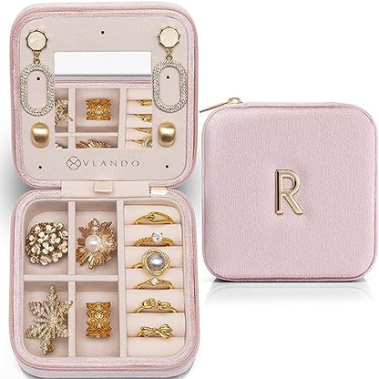 VLANDO Jewelry Box Travel, Letter R Case with Necklace Hooks | Seven Ring Rolls Separate Small Pieces, Soft Interior, Bridesmaid Gift, Wedding Travel, Soft Pink - color: Pink, size: Letter R