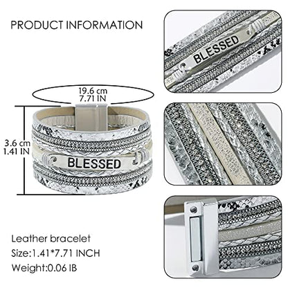 Vercret Leather Wrap Bracelet for Women, Multi-Layer Cuff Bangle | Boho Stacked Bracelets with Safe Clasp Western Bangle Jewelry Gift for Lady and Mom Sister Friend - style: Blessed