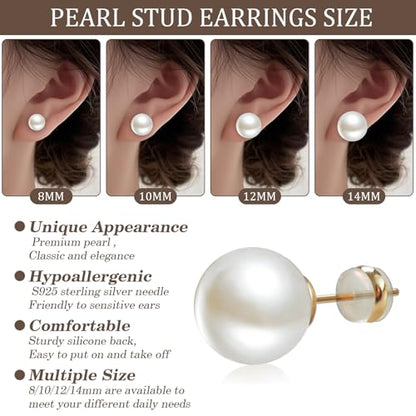 4 Pairs Pearl Stud Earrings Sterling Silver Earring Set | 14K Plated Gold Hypoallergenic Earring stud Large size Round pearl 8mm-14mm Set Earrings for women - style: Round-4 Pairs