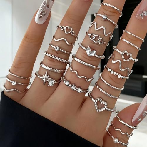 Gold Rings for Women Non Tarnish Stackable Rhinestone Moon Star Rings Dainty Stacking Pearl Butterfly Midi Pinky Thumb Joint Finger Knuckle Ring Set Gold Non Tarnish Jewelry Gifts Trendy Stuff - color: D Silver Stackable Rings 28Pcs
