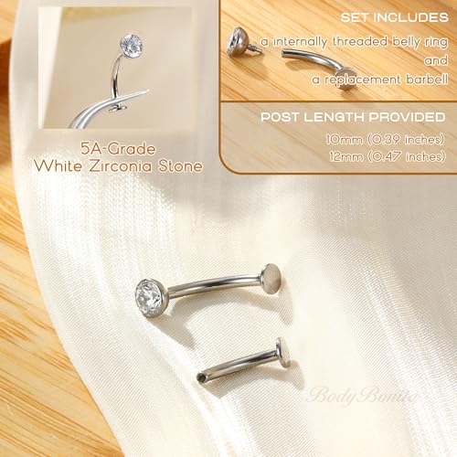 Upgraded Wearability Floating Belly Button Ring, G23 Titanium Internally Threaded Belly Button Piercing 14G, Curved Barbell Belly Rings, Pink Clear CZ Navel Rings with 10mm and 12mm Bar, Silver Gold Plated - color: Silver,Clear CZ