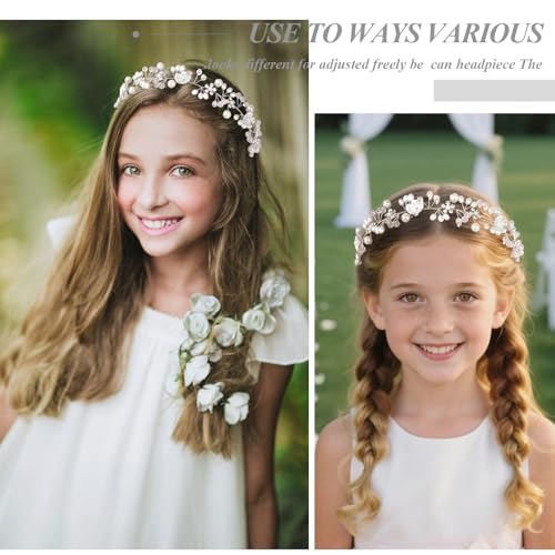 Wecoe Flower Girl Headpieces 2pcs Silver Crystal Beads Pearl Headbands Wedding Bridal Flower Girl Hair Accessory Princess Hair Accessories for Birthday, Party, First Communion, Baptism - color: Silver B