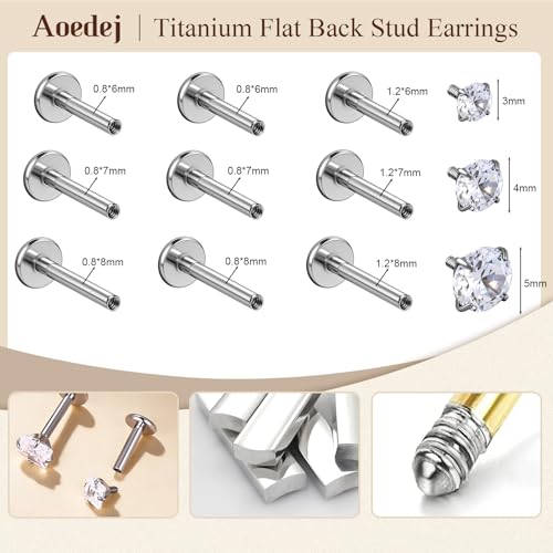 AOEDEJ 20/18/16G Titanium Internally Threaded Flat Back Stud Earrings 3/4/5mm Stars Square CZ Nose Lip Medusa Monroe Labret Piercing Jewelry for Cartilage Conch Tragus Helix Ear Studs - style: 18G-Round