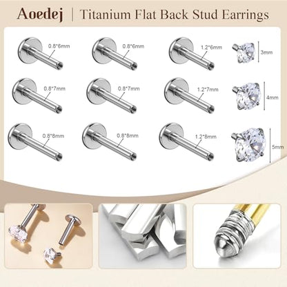 AOEDEJ 20/18/16G Titanium Internally Threaded Flat Back Stud Earrings 3/4/5mm Stars Square CZ Nose Lip Medusa Monroe Labret Piercing Jewelry for Cartilage Conch Tragus Helix Ear Studs - style: 18G-Round