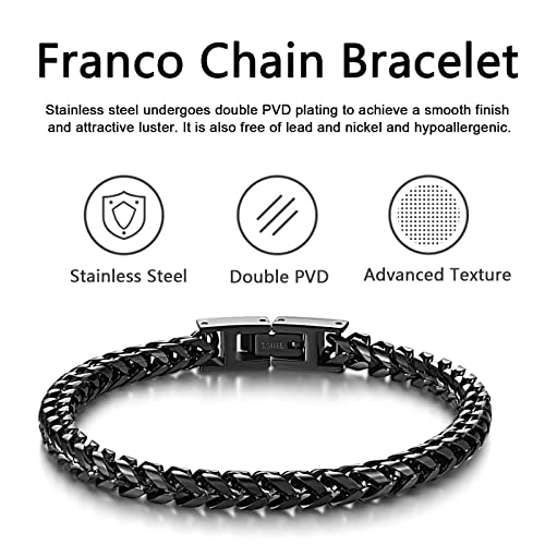 Mens Bracelet - Stainless Steel Fold Over Clasp Franco Chain Bracelets for Men - color: G-Black