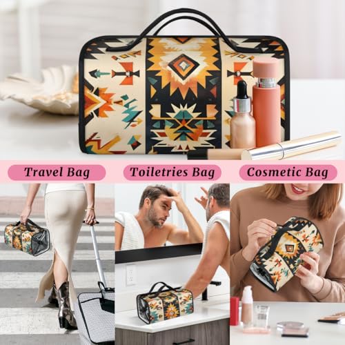 Boho Aztec Western Hanging Roll Up Cosmetic Bag with 4 Removable Storage Bags Waterproof Foldable Toiletry Kit for Women - color: Multicolor 14