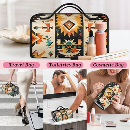 Boho Aztec Western Hanging Roll Up Cosmetic Bag with 4 Removable Storage Bags Waterproof Foldable Toiletry Kit for Women - color: Multicolor 14