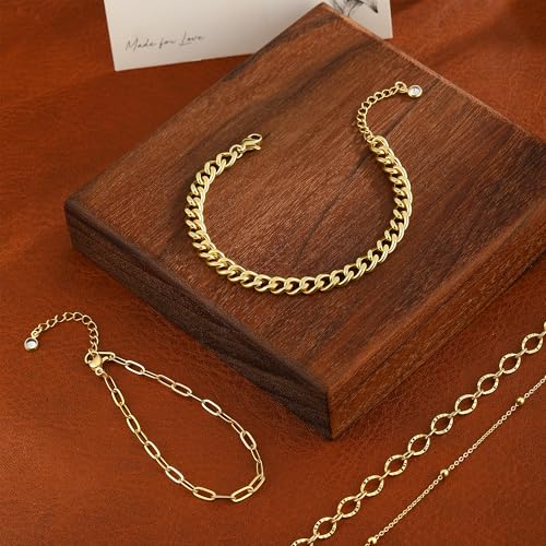 MFRYK Gold/Silver Bracelets For Women,Trendy 14k Gold/Silver Plated lightweight Dainty Chunky Thin Cuban Link Paperclip Chain Tennis Bangle Bracelets Stack Set,Ring Hand Chain Bracelet,Gold Jewelry Gift For Women Fashion Accessories - style: 4Pcs Chunky C