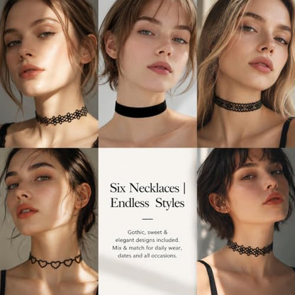 D.Bella 6Pcs Black Lace Choker Necklace Set for Women Gothic Velvet Heart Flower Hollow Chokers Collar Necklace - color: A-6PCS