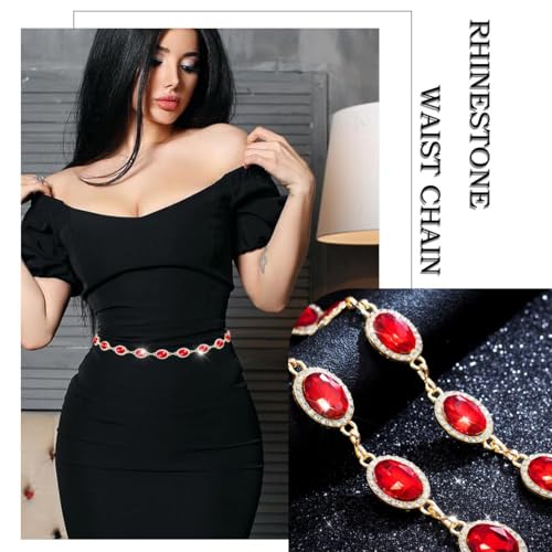 Red Rhinestone waist chain for Women Western Belt Golden Jewelry Chain - color: Red
