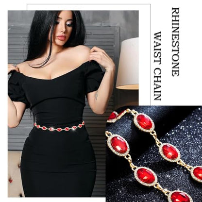 Red Rhinestone waist chain for Women Western Belt Golden Jewelry Chain - color: Red