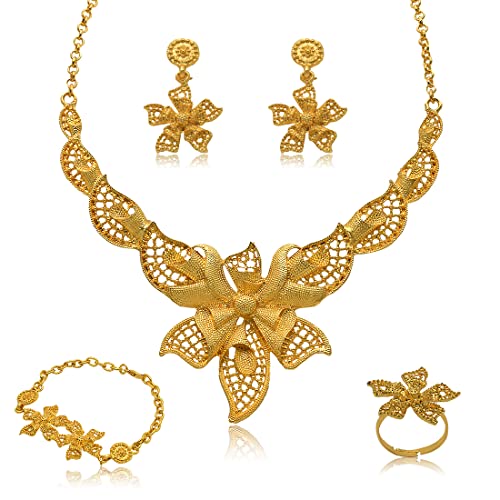 indian Women Jewelry Necklace Set african Dubai Bride Wedding Prom Fashion Jewelry 24K Gold Plated Necklace Bangles Rings Earrings - color: S-58