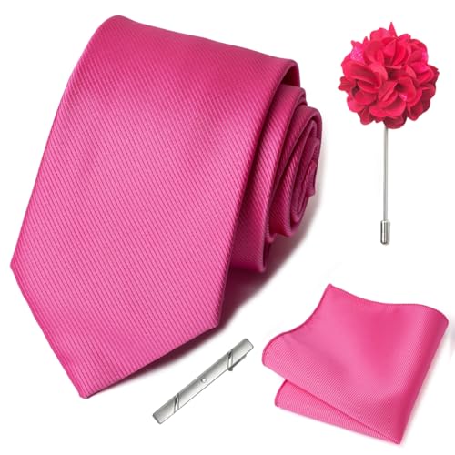 joy alice 30 Colors Solid Ties for Man Pure Color Men's Tie Set with Lapel Pin Pocket Square Tie Clip - color: Hot Pink