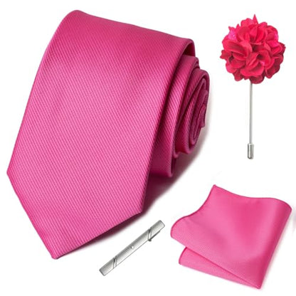 joy alice 30 Colors Solid Ties for Man Pure Color Men's Tie Set with Lapel Pin Pocket Square Tie Clip - color: Hot Pink