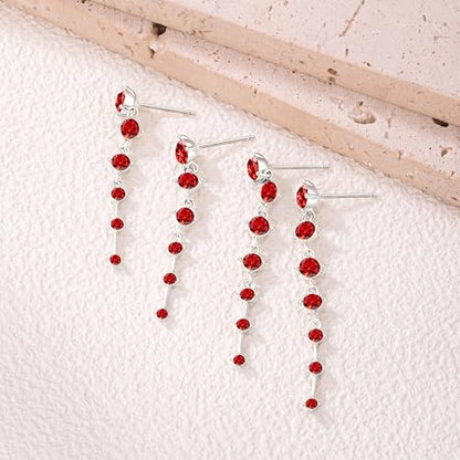 2 Pairs Long Diamond Dangle Tassel Earrings for Women | 14K Gold Silver Plated, Dainty Diamond Crystal Drop Earring, Small Cz Statement Dangly, for Wedding Bridesmaid, Jewelry Gifts - color: 2 Pairs Silver-Red
