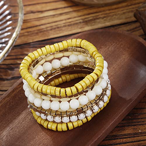 LUREME Boho Multi Strand Stackable Stretch Bracelet Set Wooden Cube Alloy Bead Bangle bl003172 - color: Yellow