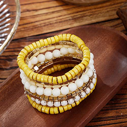 LUREME Boho Multi Strand Stackable Stretch Bracelet Set Wooden Cube Alloy Bead Bangle bl003172 - color: Yellow