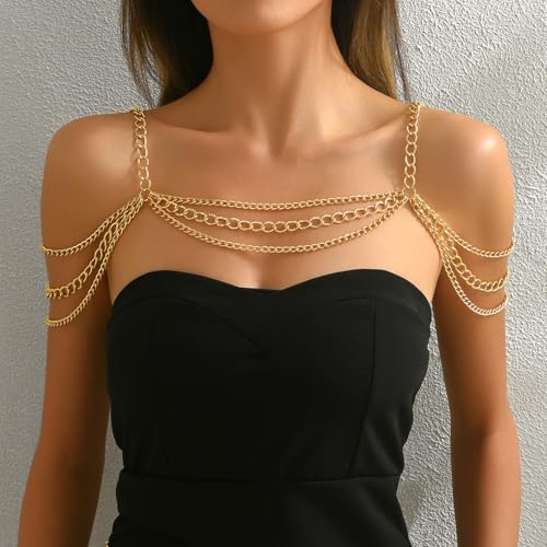 Gold Body Chain Shoulder Necklace Body Chain Layered Tassel Shoulder Chain for Festival Party Bridal Wedding Body Jewelry