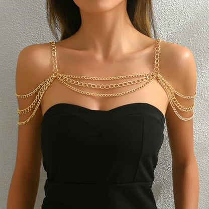 Gold Body Chain Shoulder Necklace Body Chain Layered Tassel Shoulder Chain for Festival Party Bridal Wedding Body Jewelry