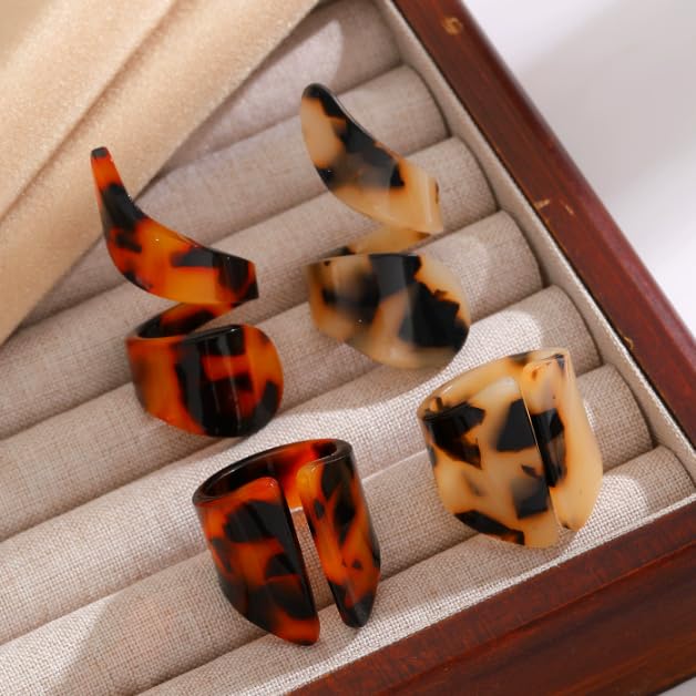 XAM Acrylic Tortoiseshell Pattern Rings - Geometric Irregular Caramel Color Open-Back Statement Elegant Jewelry - color: D