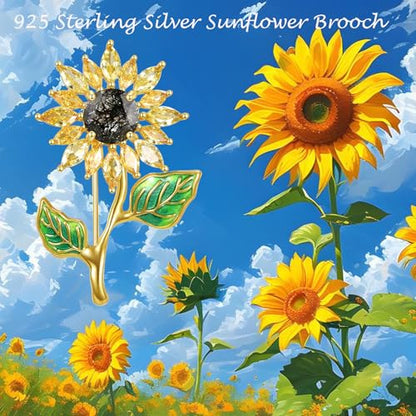 Sunflower Brooch with Natural Citrine for Women, 18k Gold Plated 925 Sterling Silver Sunflower Pins for Clothes, Yellow Sunshine Flower Brooches Jewelry - style: Style 2
