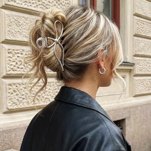 CAKURE Bow Claw Clip Gold Metal Hair Clips Medium Hair Jaw Clamps Stylish Hair Accessories for Women and Girls (Pack of 2)