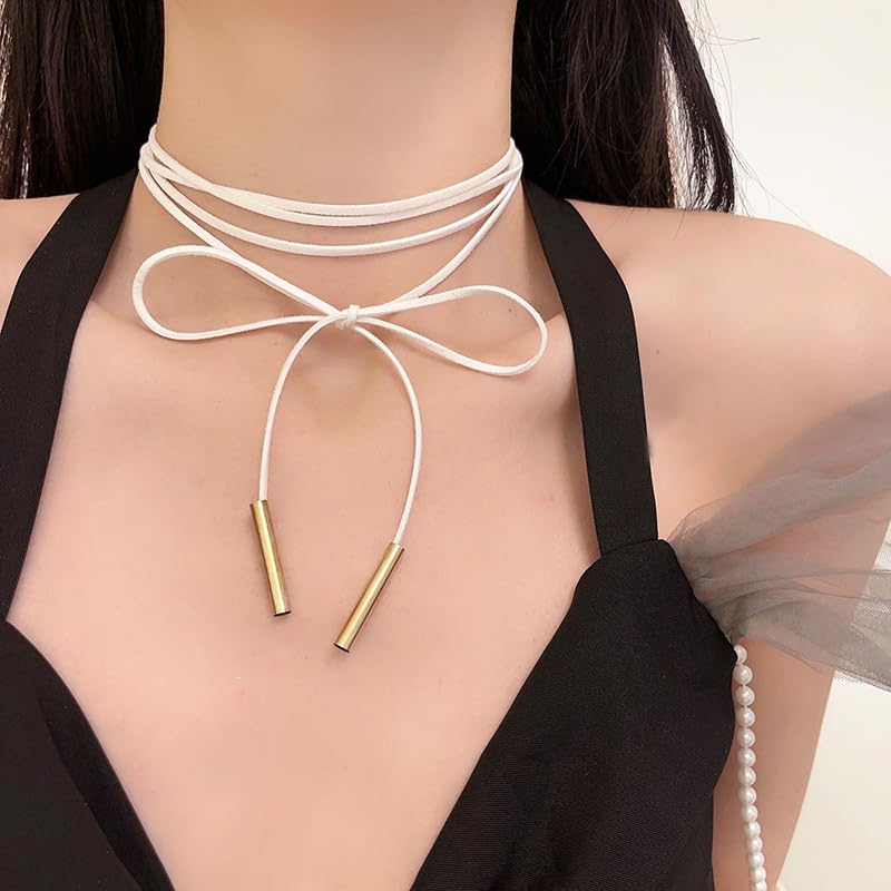 Bethynas Gothic Bow-knot Velvet Choker Necklace Sexy Long Wrap Rope Collar Tie Neck Chain with Silver Gold Pendant Boho Party Neck Accessories for Women - color: White