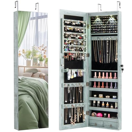 Giantex Wall or Door Mounted Jewelry Armoire with 47.5" Full Length Mirror, Lockable Cabinet with 2 LED Lights, 2 Drawers, Over the Door Large Jewelry Storage Organizer (Weathered Blue) - color: Weathered Blue, size: 47.5'' H