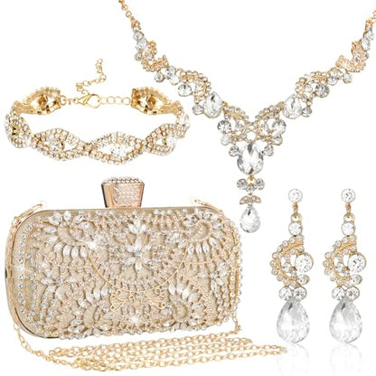 Quelay 4 Pcs Purse Rhinestone Jewelry Set Women | Wedding Bridal Prom Jewelry Sparkly Clutch Handbag with Necklace Bracelet Dangle Earrings Shiny Costume Kit - color: Champagne, style: Luxurious