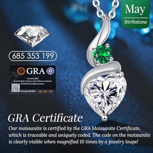 ANDSO Heart Moissanite Necklaces Birthday Jewelry Gifts for Women | S925 Silver /Gold Plating Birthstone Necklace, Ideal Anniversary Christmas Valentine Present for Mom Wife Her Girlfriend - style: Silver-2 Carat- Emerald Green