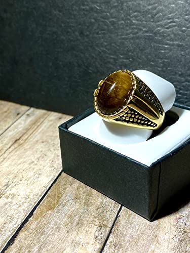 Men’s Gold Tiger Eye Ring – 14K Finish Stainless Steel Oval Gem Punk Biker Pinky Band, Vintage Retro Heavy Signet Jewelry