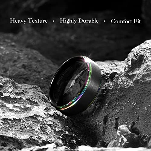 King Will Mens Brushed Wedding Band, Two Tone Matte Step Edges/Pipe Cut, Tungsten Carbide Anniversary Promise Rings Comfort Fit - color: Black&Rainbow Edge-8mm
