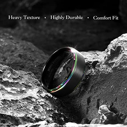King Will Mens Brushed Wedding Band, Two Tone Matte Step Edges/Pipe Cut, Tungsten Carbide Anniversary Promise Rings Comfort Fit - color: Black&Rainbow Edge-8mm
