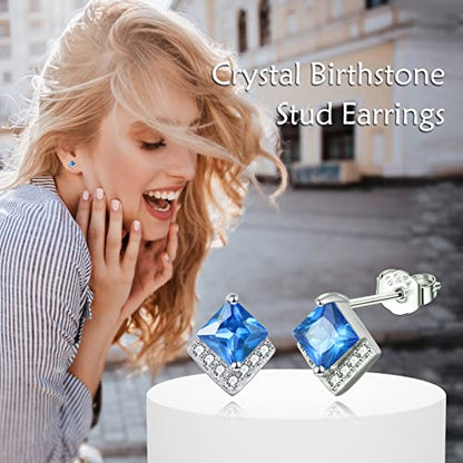 Birthstone Stud Earrings Sterling Silver Square Created Crystal Earrings Cubic Zirconia Hypoallergenic Piercing Jewelry Small Gifts for Women Mothers - color: Dec-Topaz