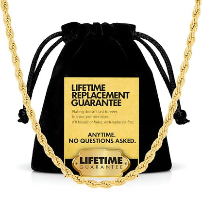 LIFETIME JEWELRY Gold Rope Chain for Men & Women - 24k Gold Necklace - Lifetime Replacement - Diamond Cut Real Gold Plated Chain - Heavy Duty Clasp - 3mm - color: Gold, size: 18 inches