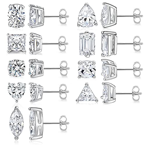 MDFUN 9 Pairs 18K Gold Plated Stud Earrings Set for Women, Cubic Zirconia Earrings Studs, CZ Diamond Jewelry Hypoallergenic, Round Square Teardrop Eye Heart Cut, Size 6-11mm - color: White