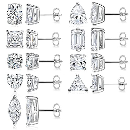 MDFUN 9 Pairs 18K Gold Plated Stud Earrings Set for Women, Cubic Zirconia Earrings Studs, CZ Diamond Jewelry Hypoallergenic, Round Square Teardrop Eye Heart Cut, Size 6-11mm - color: White