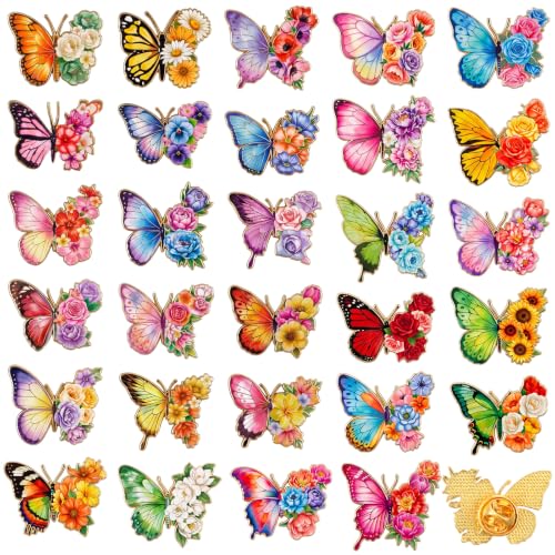 30/60 Pcs Cute Enamel Pins Bulk Plant Flower Animal Halloween Gothic Fall Pumpkin Cartoon Lapel Pin Brooches Jewelry Gift for Backpack Clothes Hats Accessories - style: Butterfly Flowers